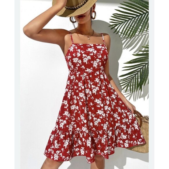 SHEIN Red & White Sleeveless Floral Print Ruffle Hem Cami Dress Size S - Picture 2 of 11